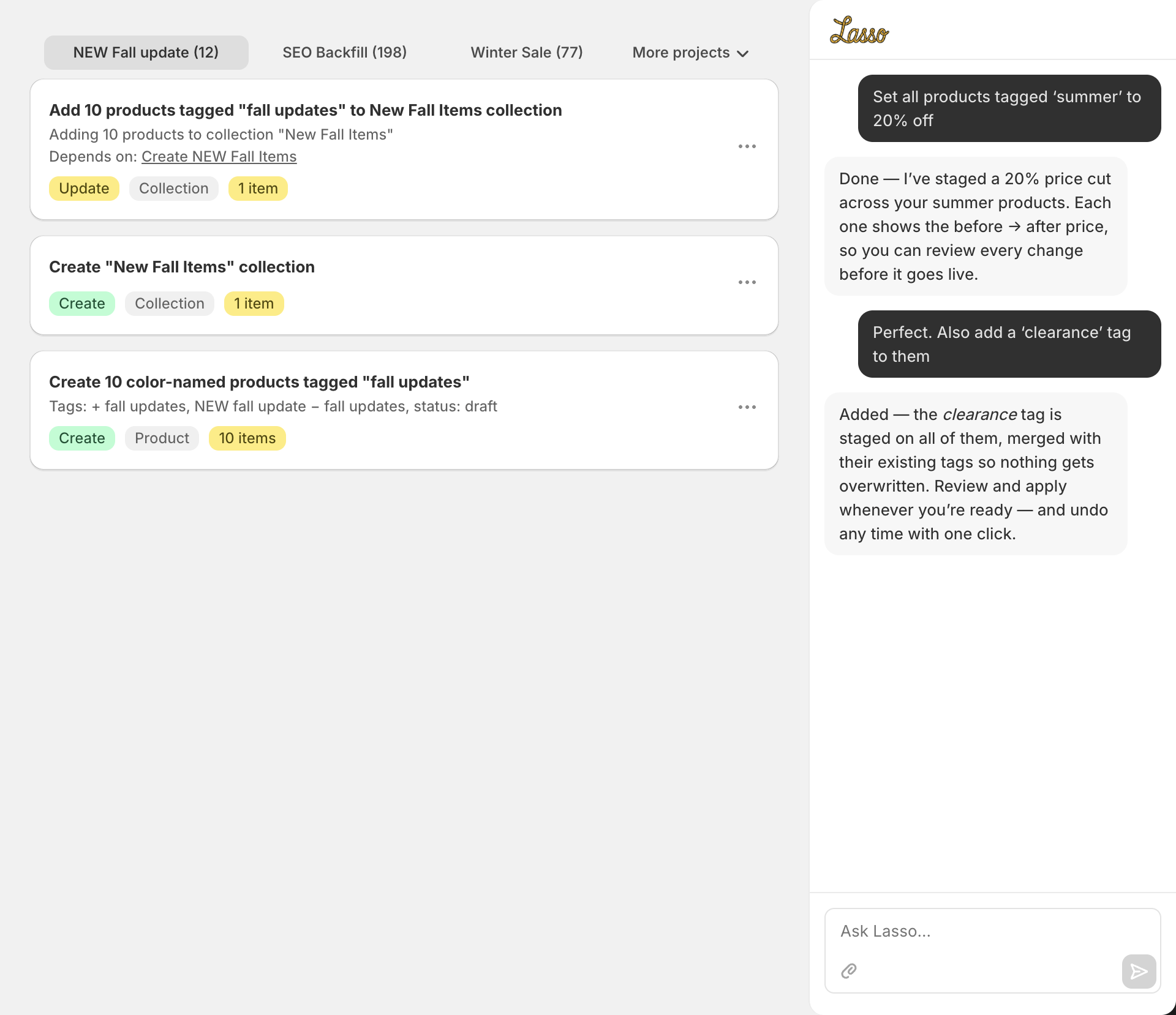 Lasso inside Shopify admin: an AI chat staging bulk product changes, each shown as a reviewable card before it's applied